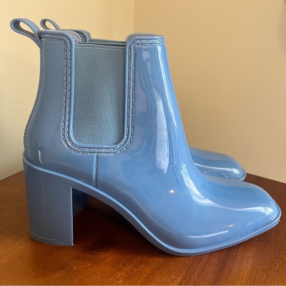 Baby blue Jeffrey Campbell heeled rain booties